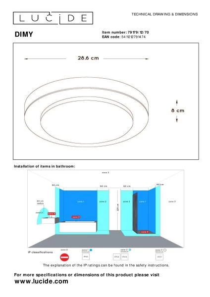 Lucide DIMY - Plafonnier Salle de bains - Ø 28,6 cm - LED Dim. - 1x12W 3000K - IP21 - 3 StepDim - Bois - technique